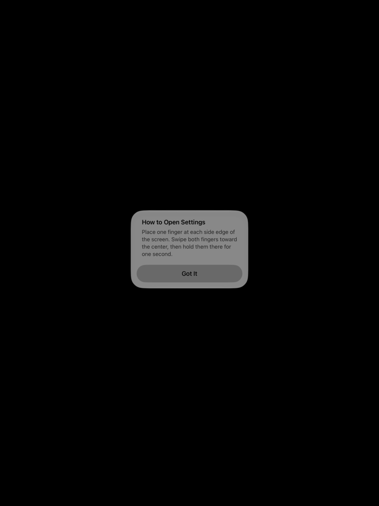How to Open Settings prompt explaining the two-finger edge swipe gesture
