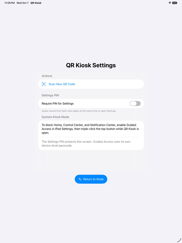 QR Kiosk Settings screen with Scan New QR Code, Settings PIN and Return to Kiosk