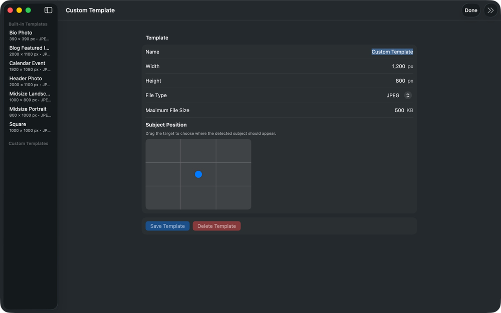 Custom template editor with dimensions, file type, maximum size and subject position